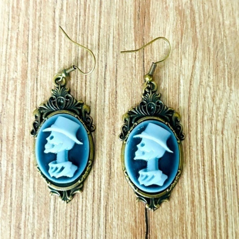 Skeleton Man Profile Cameo Victorian Style Earrings, NWT, Unworn, Handmade